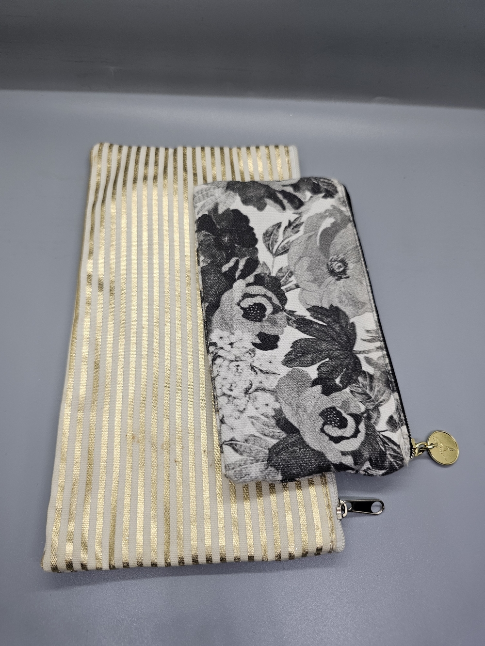 Gold-Striped and Black Floral Women's Accessory Pouch Set